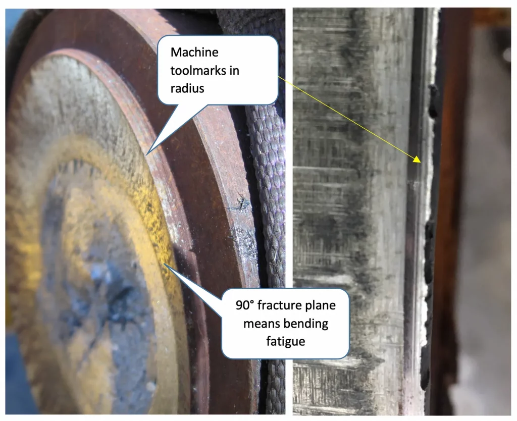 shaft fracture with machine toolmarks with a small radius stress concentration due to fatigue