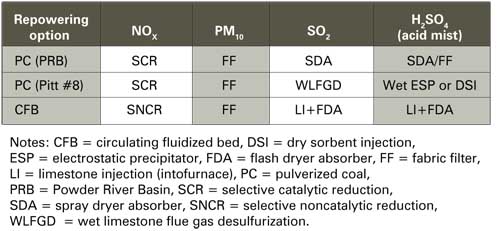 table that shows selections for solid fuel repowering options