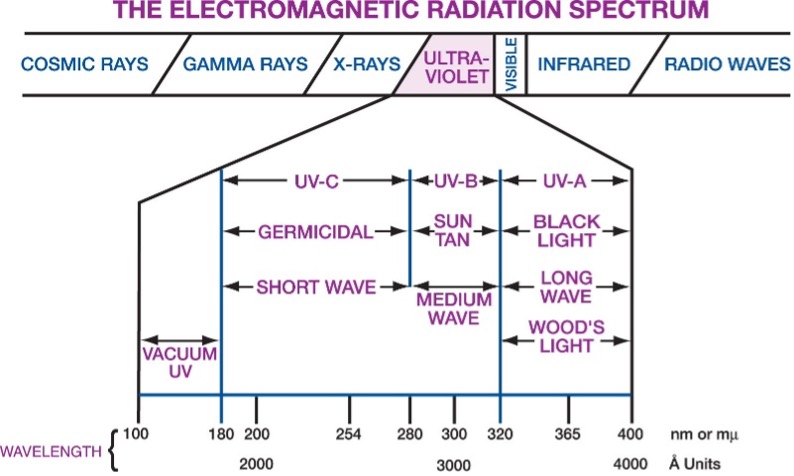 electromagnetic radiation spectrum, cosmic rays, gamma rays, x-rays, ultra-violet, visible, infrared, radio waves