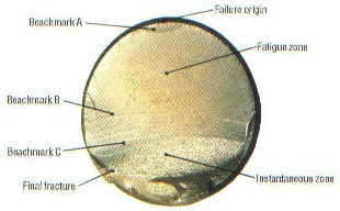 failure origin, fatigue zone, instantaneous zone, final tracture, reduced wear and failure of machine components