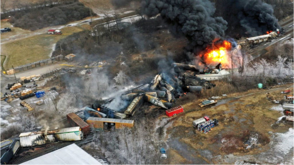 image of initial derailment site as vinyl chloride was being burned, can see flames and smoke coming from the train
