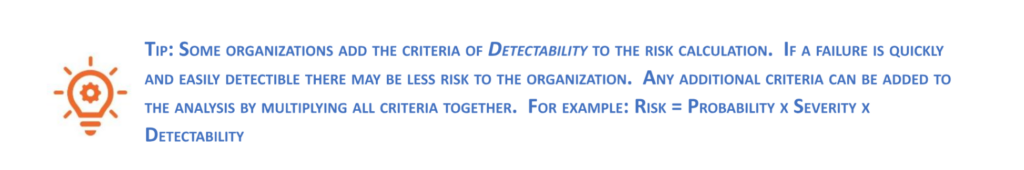 TIP: SOME ORGANIZATIONS ADD THE CRITERIA OF DETECTABILITY TO THE RISK CALCULATION.  IF A FAILURE IS QUICKLY AND EASILY DETECTIBLE THERE MAY BE LESS RISK TO THE ORGANIZATION.  ANY ADDITIONAL CRITERIA CAN BE ADDED TO THE ANALYSIS BY MULTIPLYING ALL CRITERIA TOGETHER.  FOR EXAMPLE: RISK = PROBABILITY X SEVERITY X DETECTABILITY