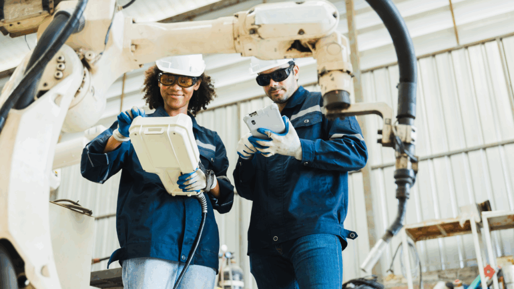 digital maintenance on robotic arm two maintenance techs